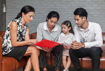 Family looking at folder with lawyer